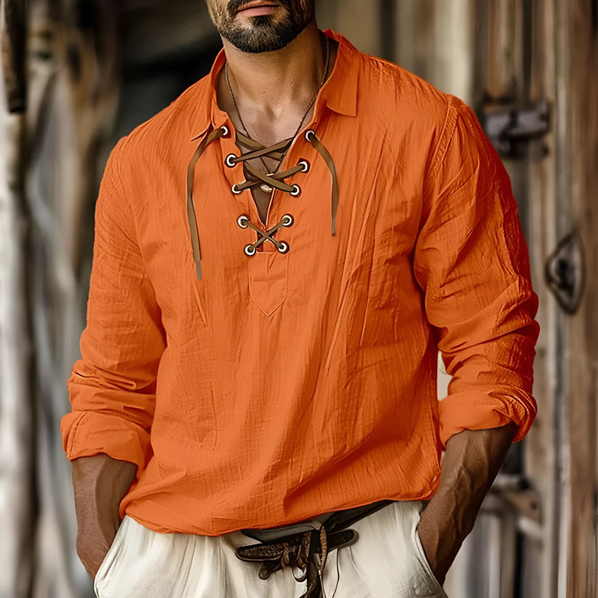 Men's plus size loose fit linen shirt in blue with long sleeves and pullover design