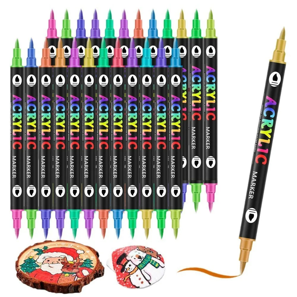 Double-headed acrylic marker pens in various colours showing both fine and broad tip options