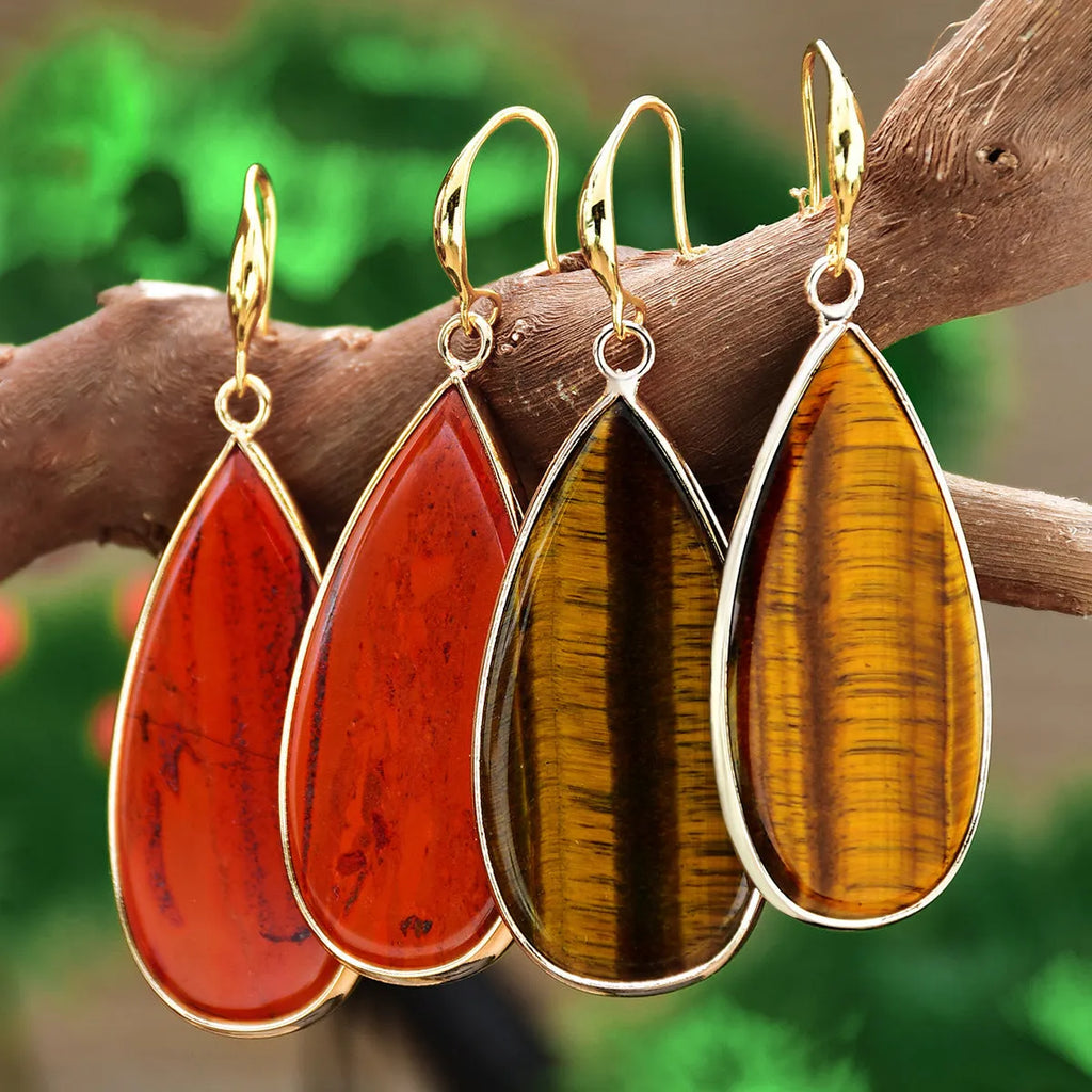 Vintage drop-shaped stone earrings in tigereye, amethyst, or turquoise with water droplet design