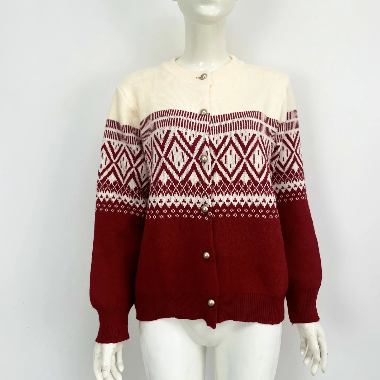 Women's red alpaca wool diamond knit cardigan with contrast colour long sleeves