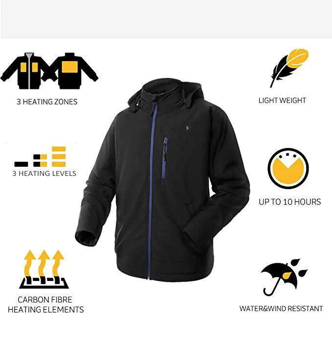 Black USB-heated winter coat with long sleeves and straight hem design
