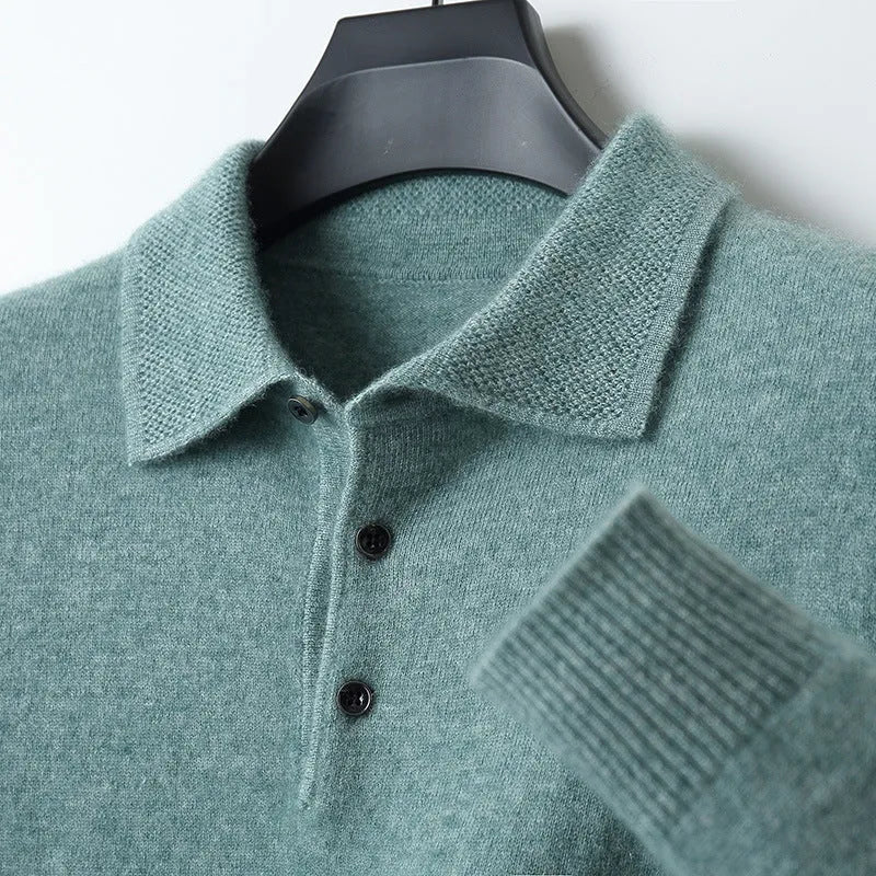 Man wearing a men's grey polo collar wool sweater pullover with long sleeves.