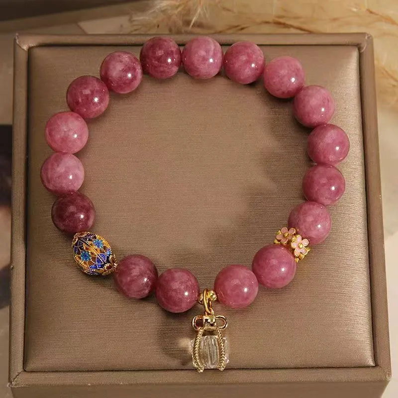 Pink lotus flower tassel bracelet with pearl pendant and natural stone beads
