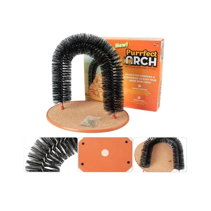 Arched plastic cat toy with built-in brush bristles for scratching and grooming