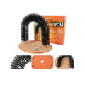 Arched plastic cat toy with built-in brush bristles for scratching and grooming