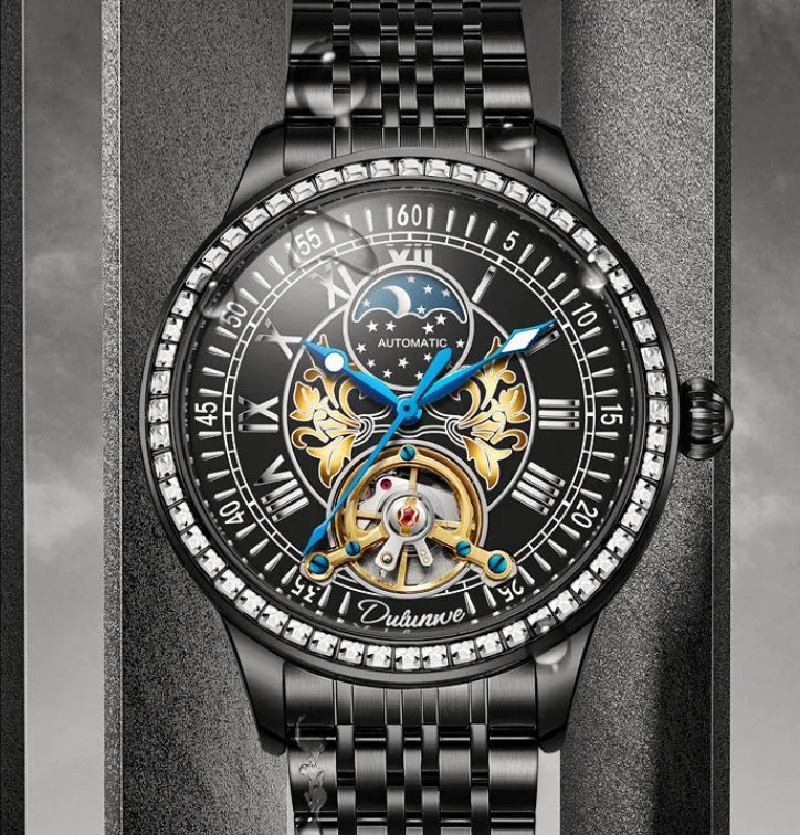 Men's waterproof mechanical watch with stainless steel strap and transparent case back showing movement