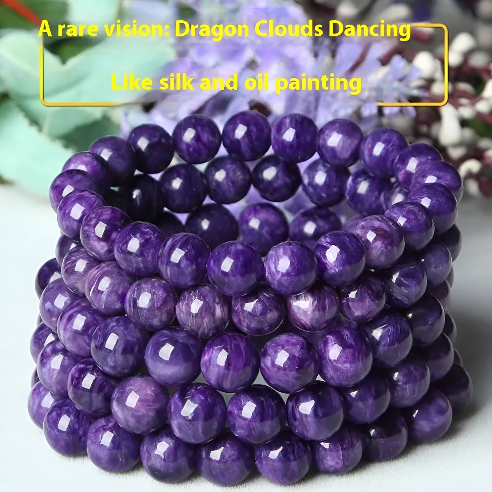 Natural transparent charoite crystal bracelet with platinum elements in four bead sizes