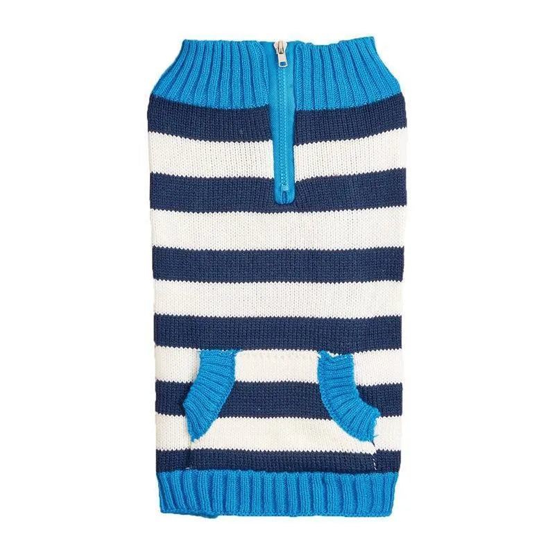 Grey blue green dog sweater with horizontal zipper and chest button pocket for small medium breeds