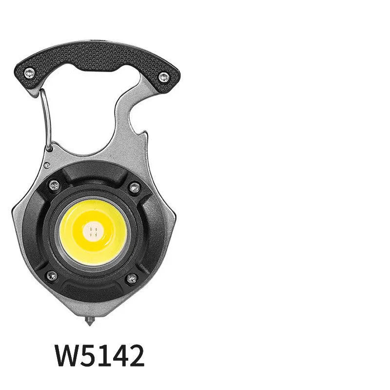 Portable multifunctional keychain rechargeable flashlight with window-breaking hammer and screwdriver tools.