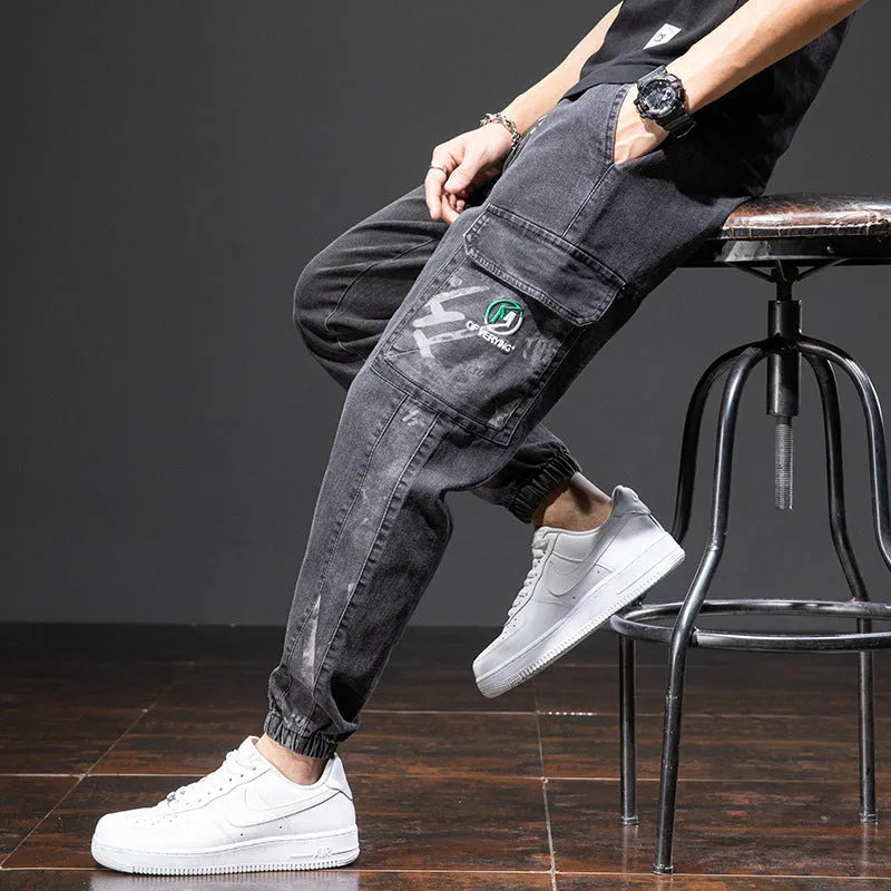 Men's straight-leg cargo jeans in Korean style with micro-elastic cotton fabric