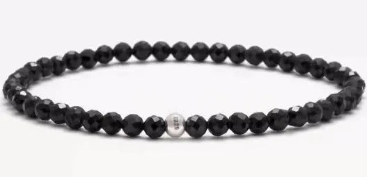 Fine geometric agate bracelet with round and square 4mm beads in obsidian, blue san, and black agate colours.