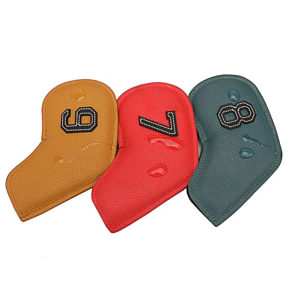 Set of 10 digitally printed golf club head covers in various colour designs