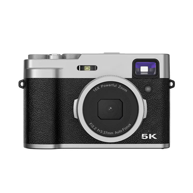 Black 5K digital camera with optical viewfinder and dual lenses on front and rear