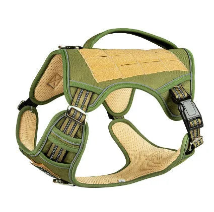 Tactical dog chest strap in oxford cloth, shown in olive green colour on a working dog.