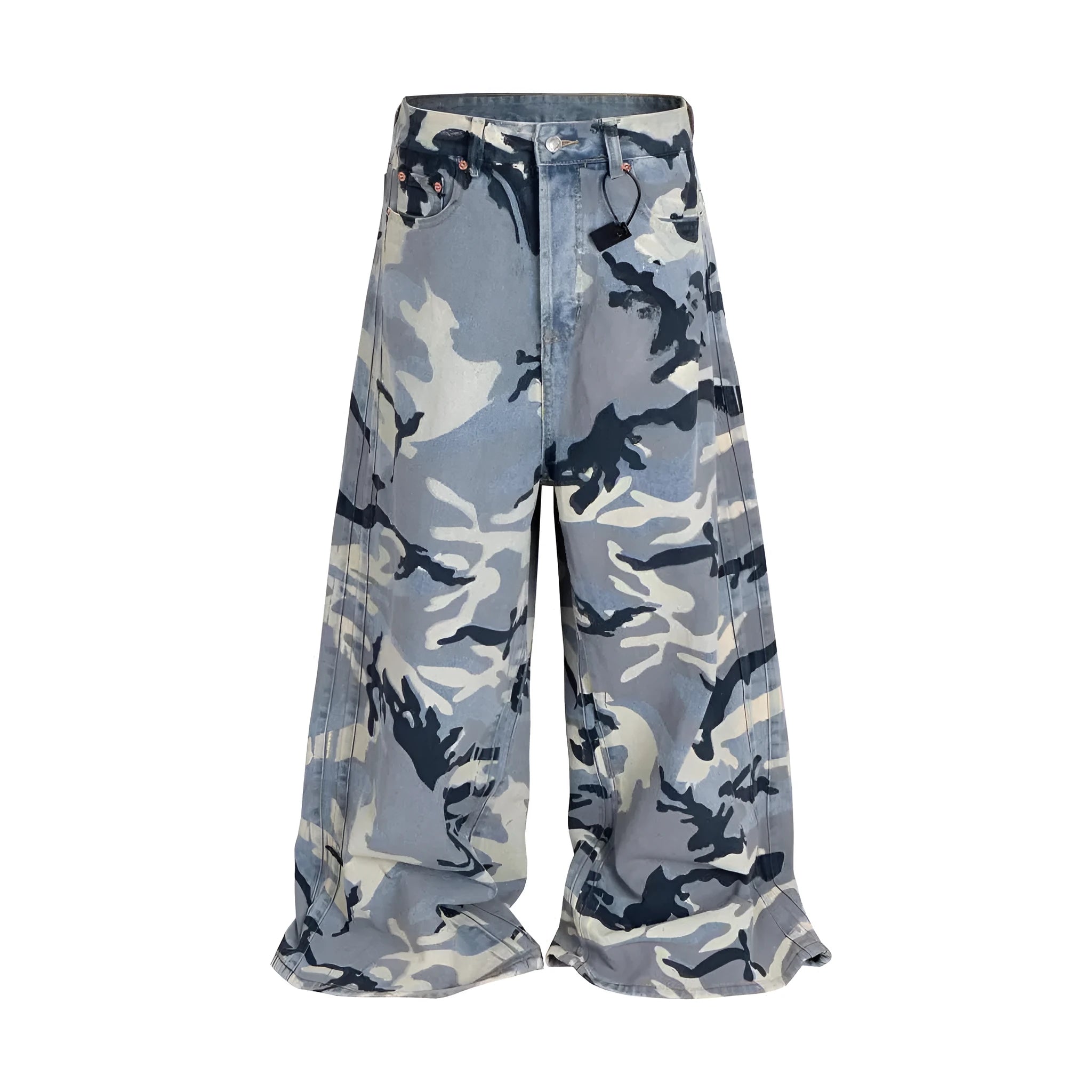 Snow camouflage blue loose fit jeans with mid waist design on hanger