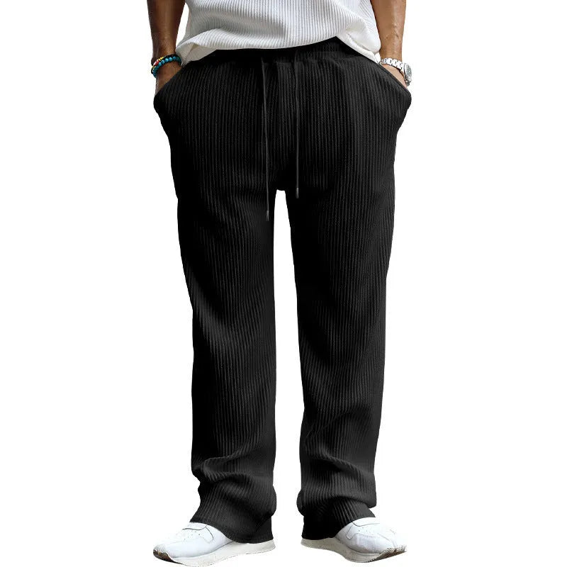 Men's loose fit high waist straight leg casual trousers in polyester with micro elasticity