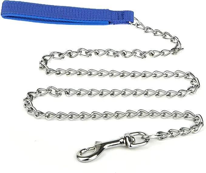 Heavy duty metal dog chain leash with a soft black padded handle, shown in red colour.