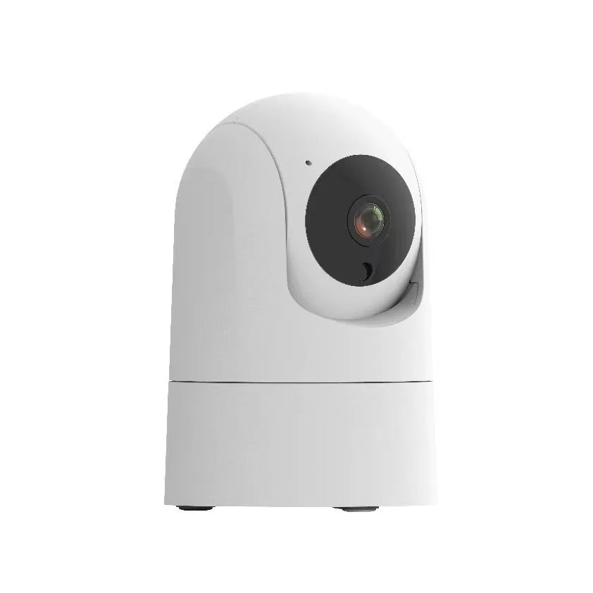 White indoor PTZ security camera with lens and mounting bracket on table