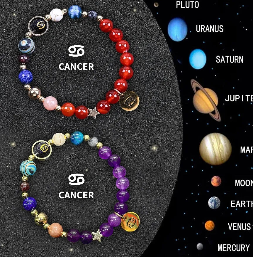 Natural stone beaded bracelets showing zodiac sign designs for all twelve star symbols