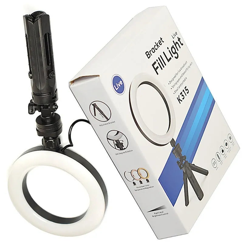 Black desktop tripod with adjustable fill light and universal mobile phone bracket for video recording
