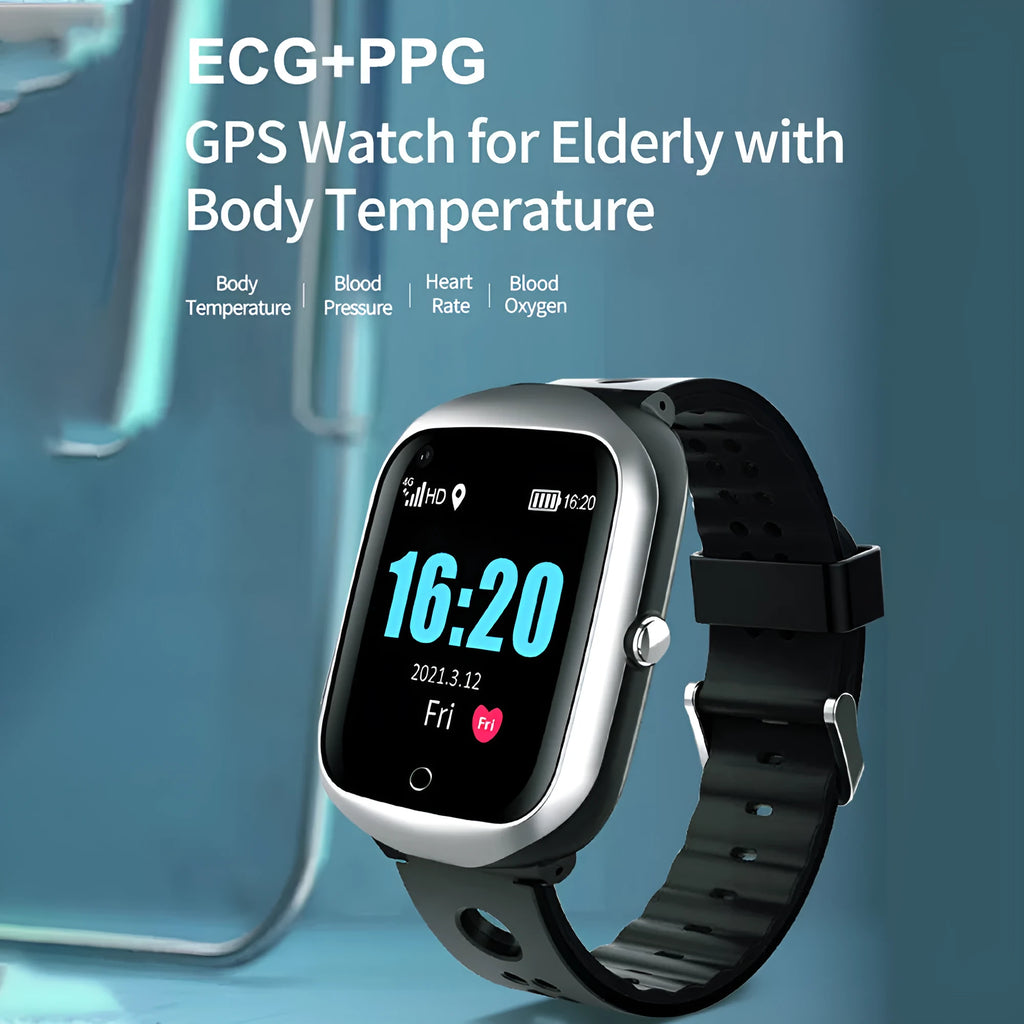 Square smartwatch for elderly with GPS tracking and SOS button shown in black, blue, and silver colour options