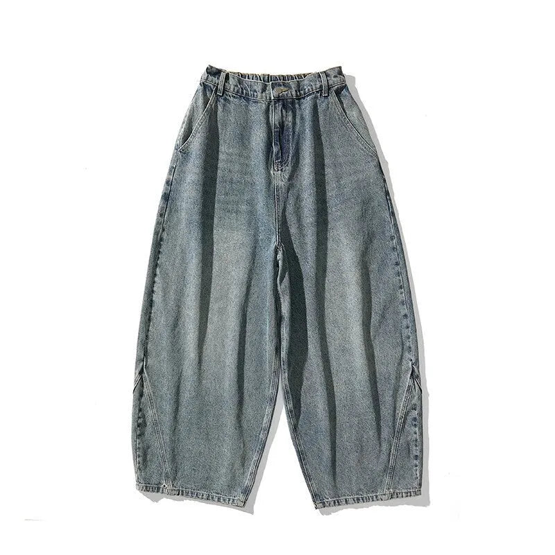 Men's plus size wide leg jeans in cotton denim fabric with straight cut trousers