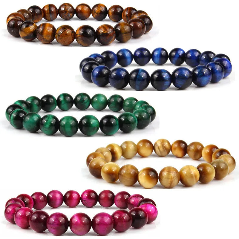 Natural tiger eye crystal beaded bracelet for men and women on a white background.