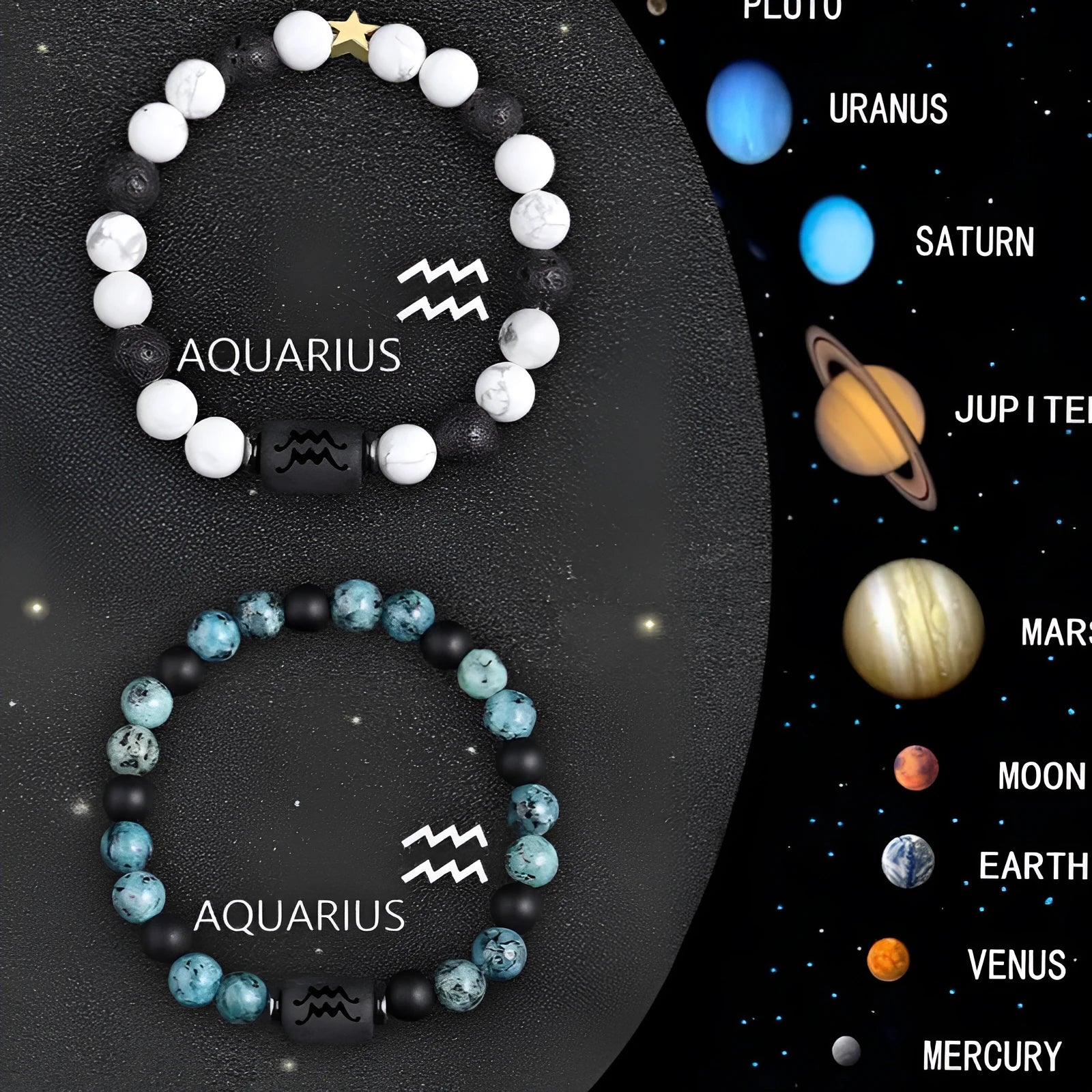 Set of twelve natural stone beaded bracelets showing different zodiac sign designs.