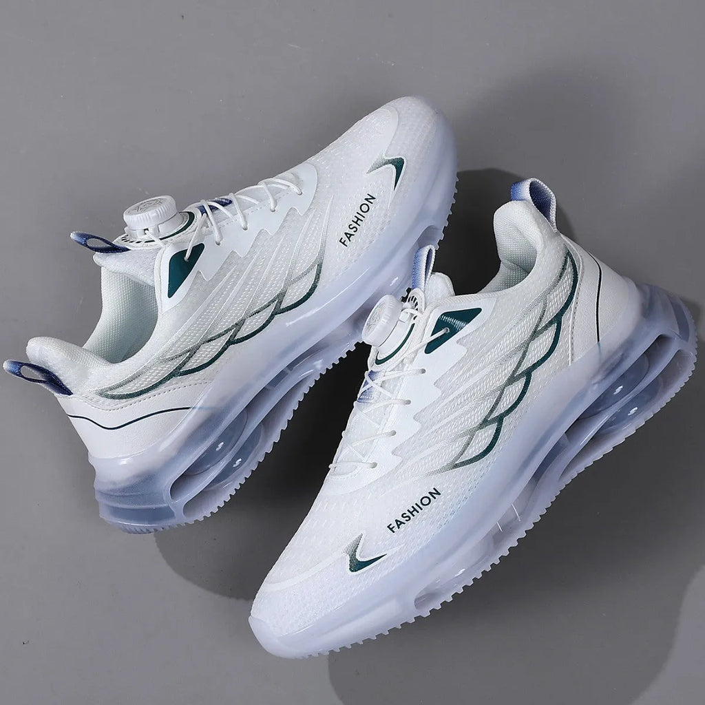 White rotating button sports shoes with mesh construction and rubber sole, showing lace-up front and Korean style design