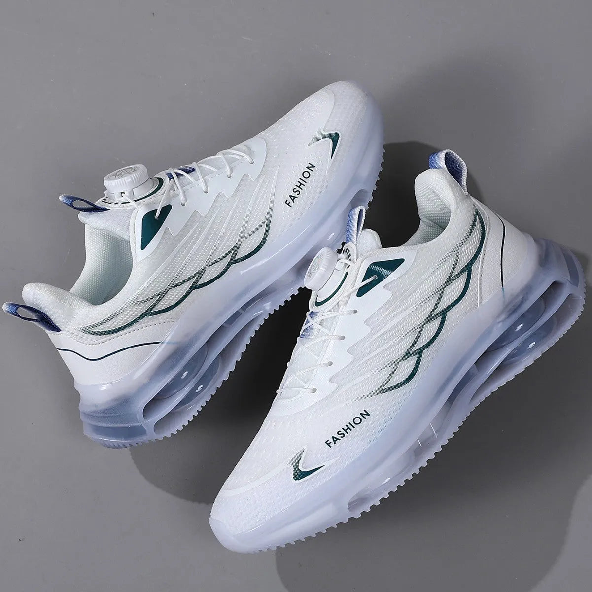 White rotating button sports shoes with mesh construction and rubber sole, showing lace-up front and Korean style design