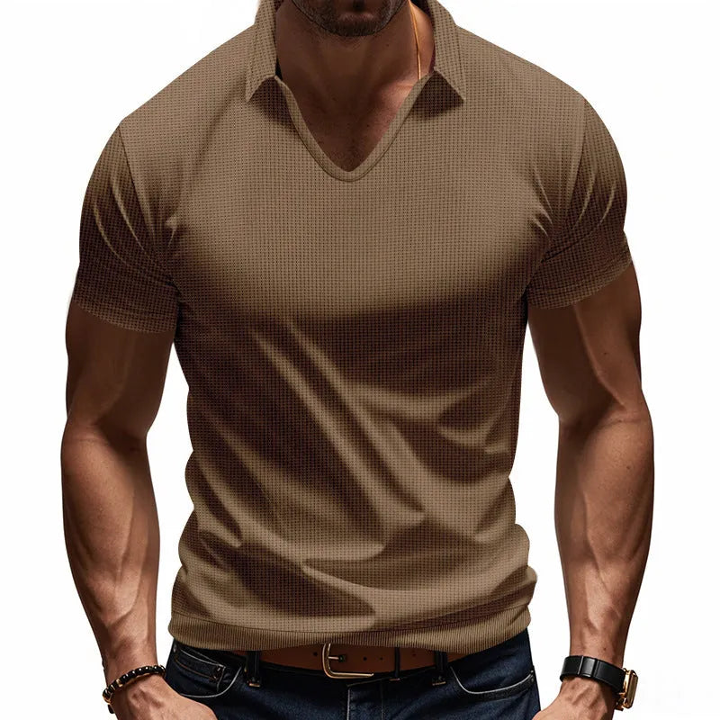 Men's casual V-neck short sleeve t-shirt in cotton blend fabric available in six colours with loose fit
