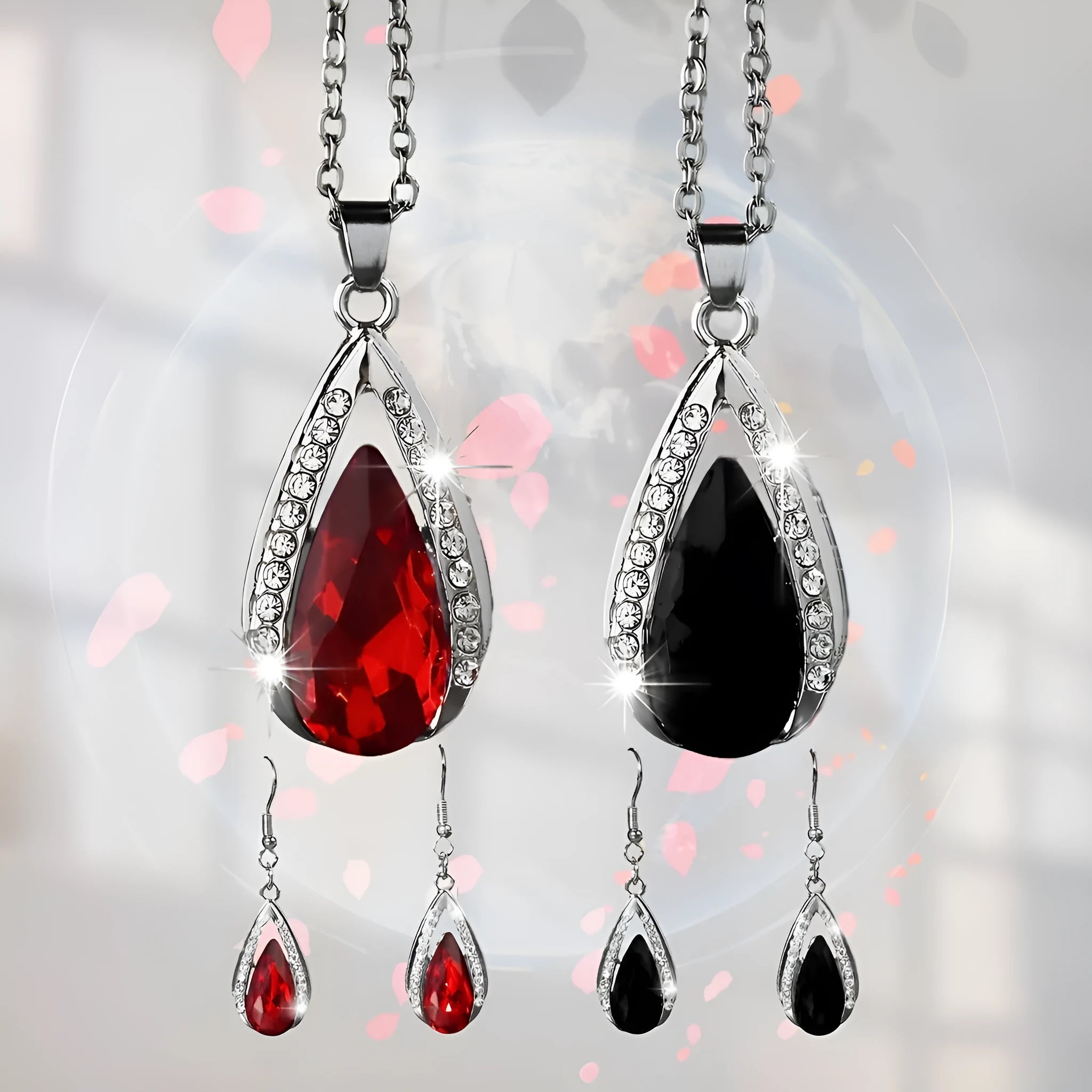 Black and red alloy teardrop glass pendant necklace and matching earrings set