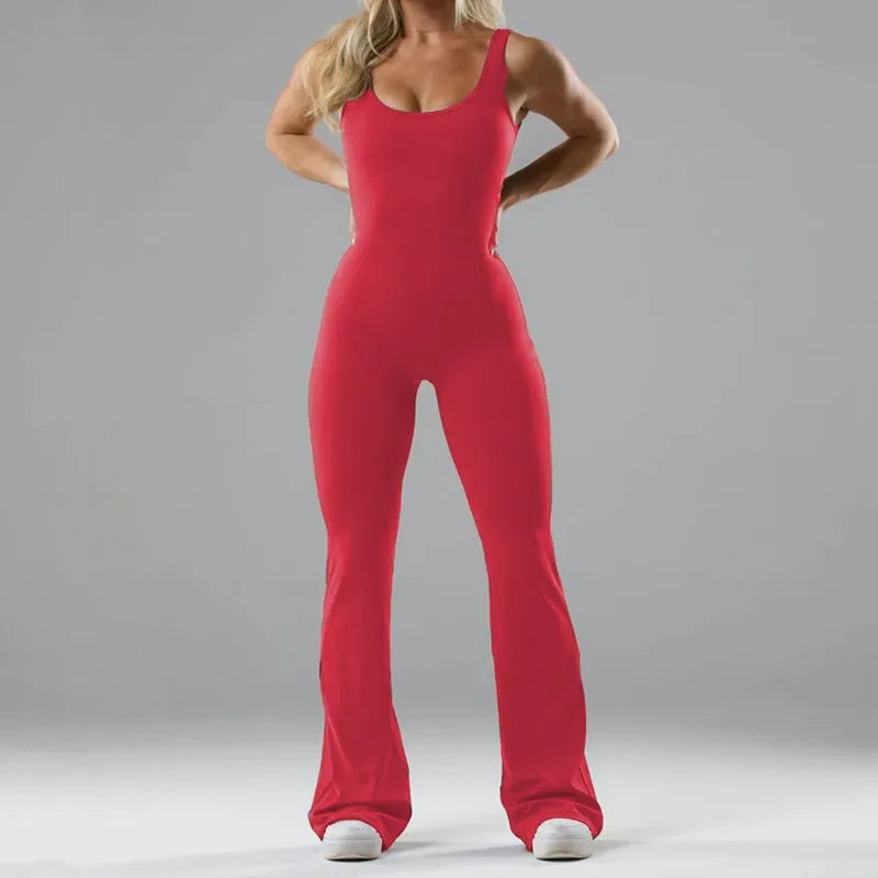 Women's tight yoga bodysuit jumpsuit in milk silk fabric with hollow seams and trousers length