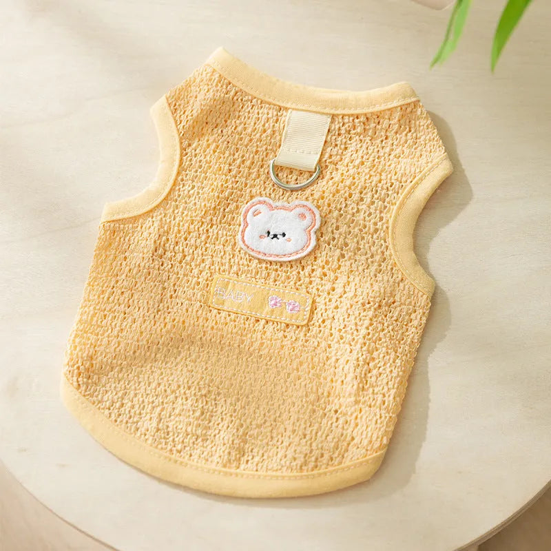 Blue hollowed-out knitted cat jumper with a bear patch, sizes S to XXL