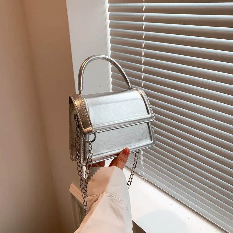 Retro square PU leather crossbody bag in six colours with visible sewing line details.