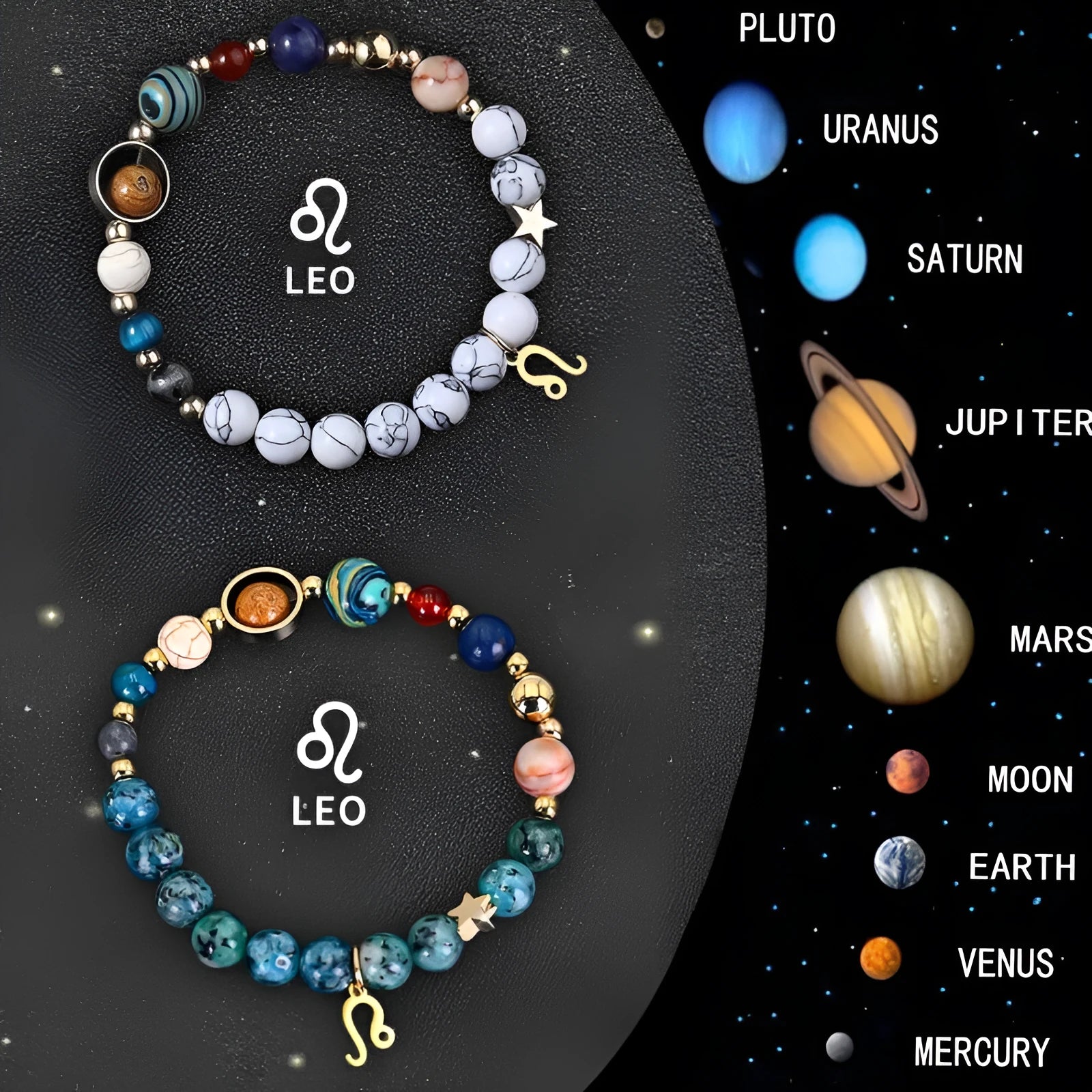 Set of twelve natural stone bead bracelets laid out, each representing a different zodiac sign.