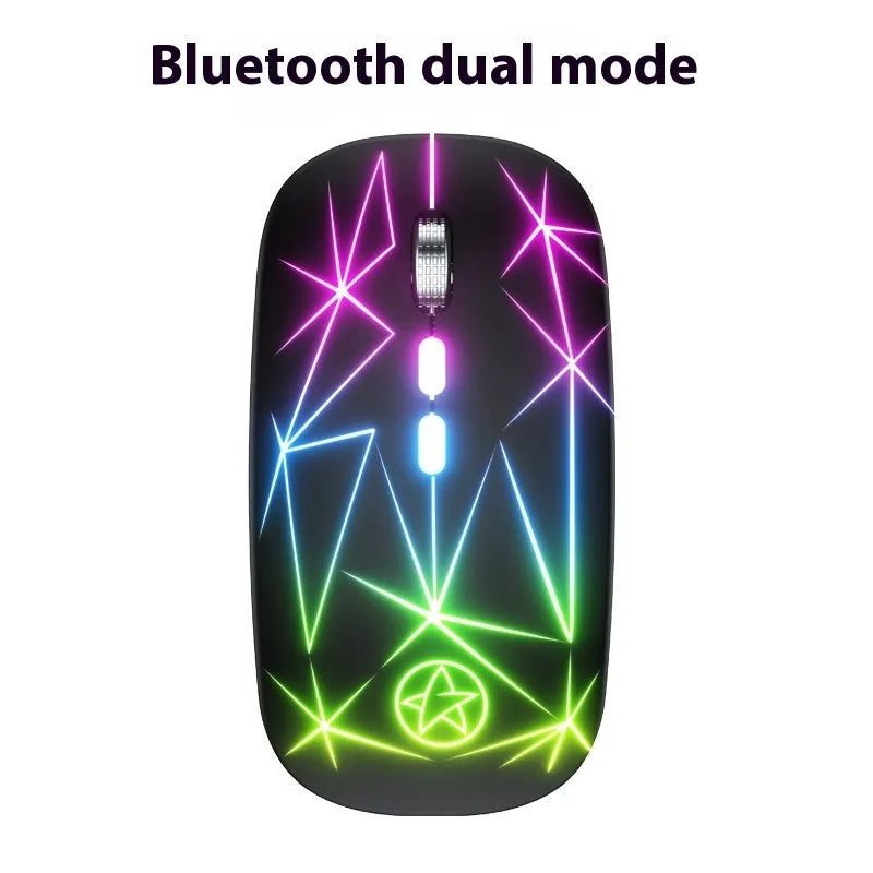 Wireless Bluetooth mouse with luminous charging in star black colour showing five buttons and metal roller wheel