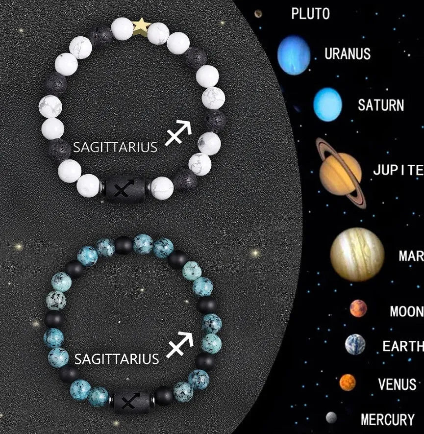 Set of twelve natural stone beaded bracelets showing different zodiac sign designs.