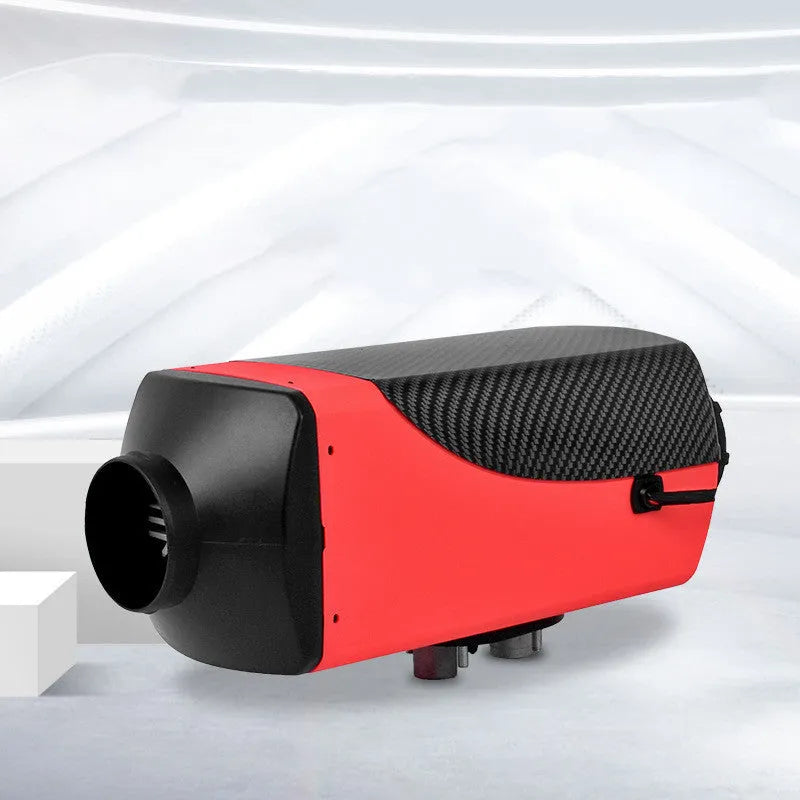 Red and black diesel air heater kit for vehicles with fuel tank and installation components.