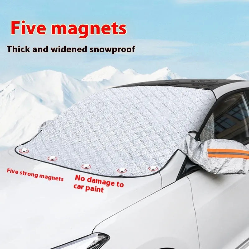 Thickened aluminium foil winter car cover for SUV windshield with magnetic fasteners.