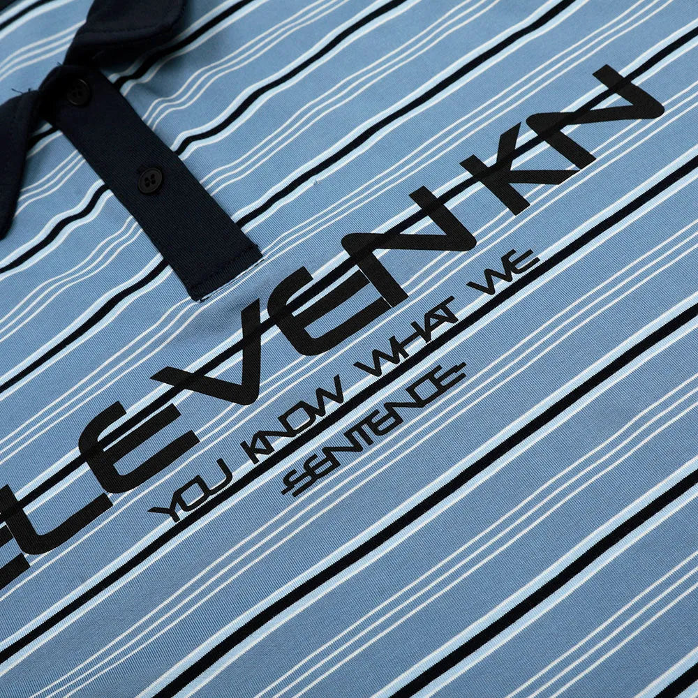 Vintage blue stripe short-sleeved polo shirt with loose fit on mannequin