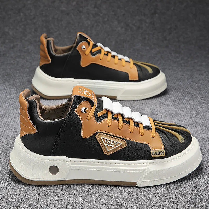 Men's beige low-top sneakers with elastic band and round toe on a white background