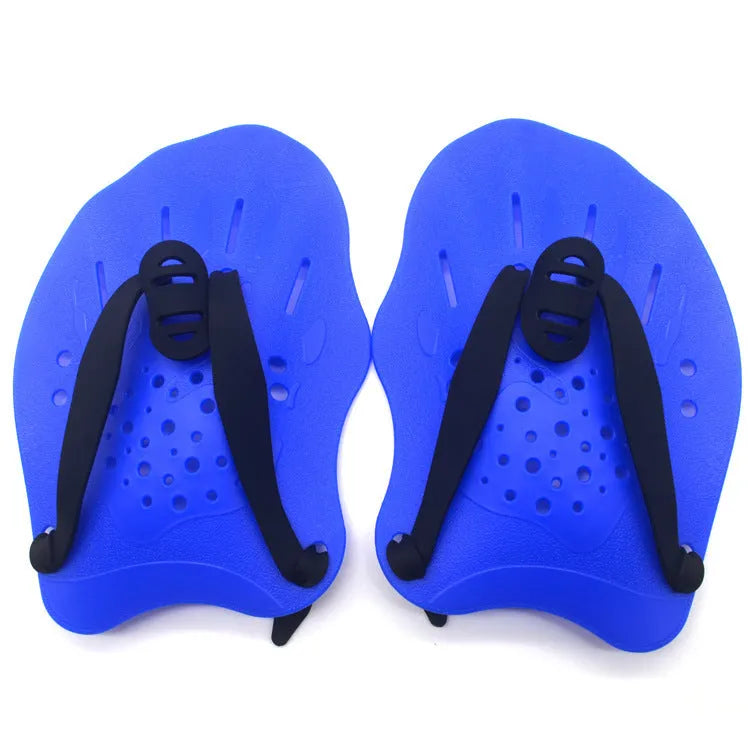 A pair of freestyle swim training paddles with hand webbing in multiple colour options on a blue background.