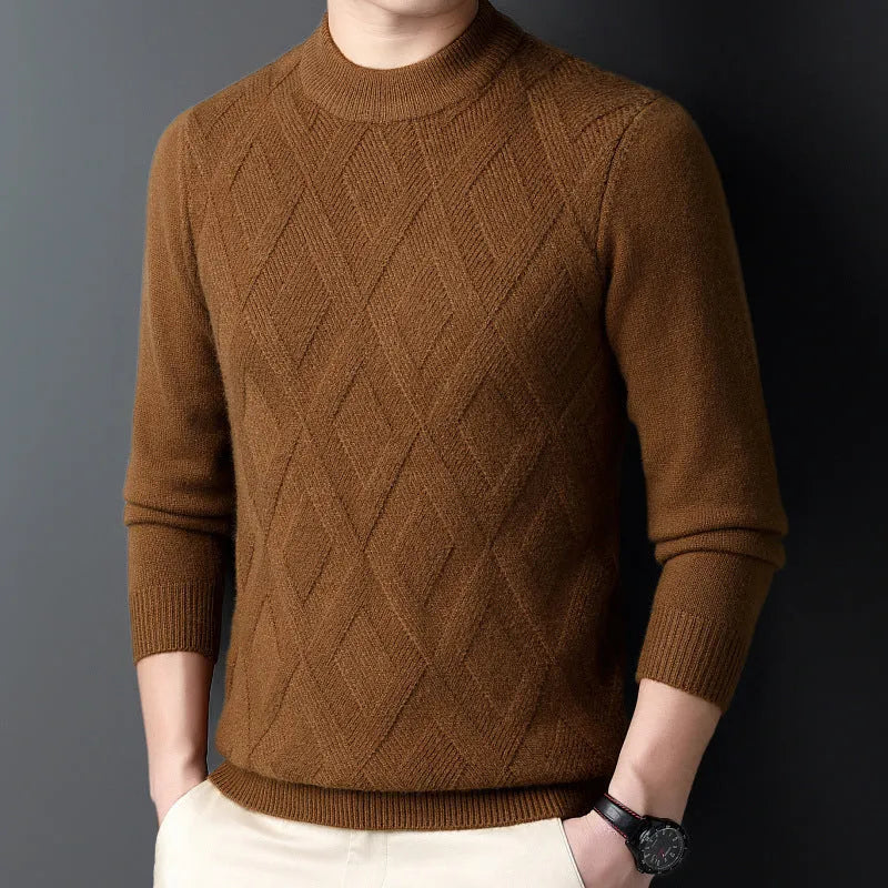 Men's winter thermal plus size sweater in wool blend with diamond jacquard texture