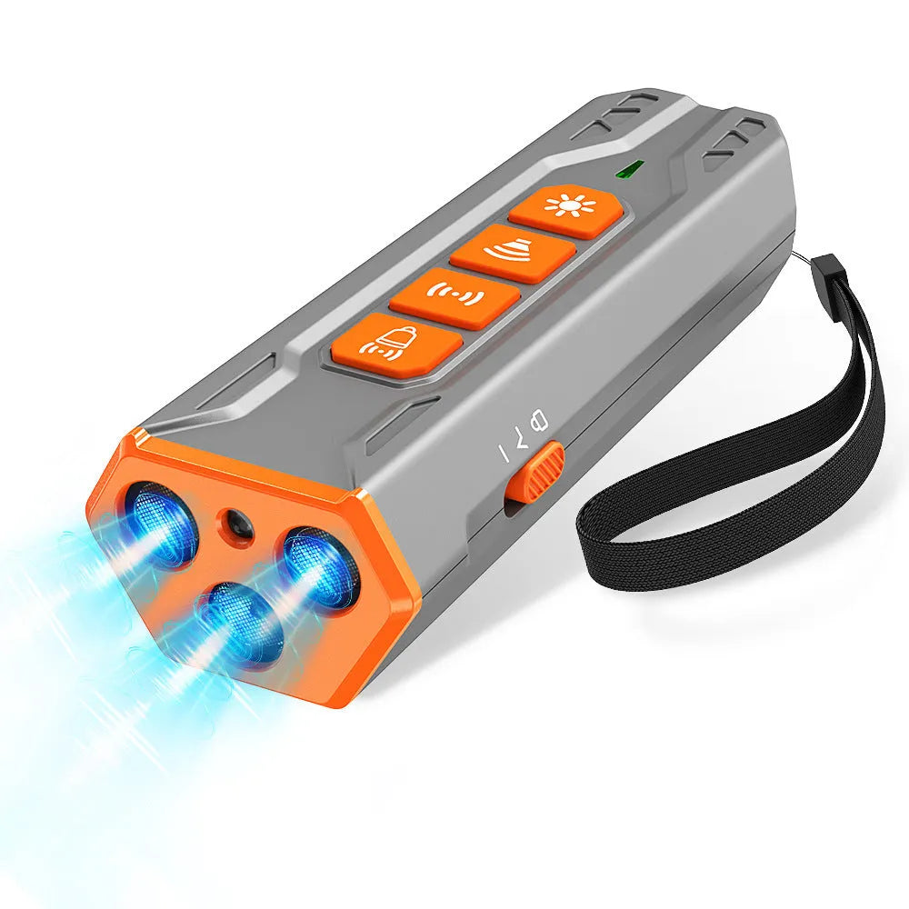 Three-head ultrasonic dog trainer with adjustable frequency control in grey orange colour