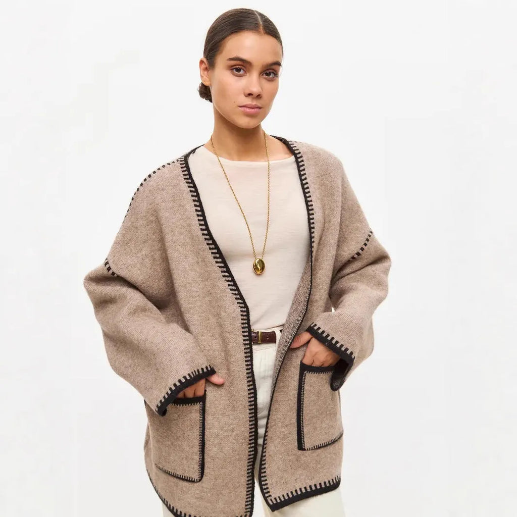Lace-up front knitted cardigan in imitation cashmere cotton blend fabric in camel colour