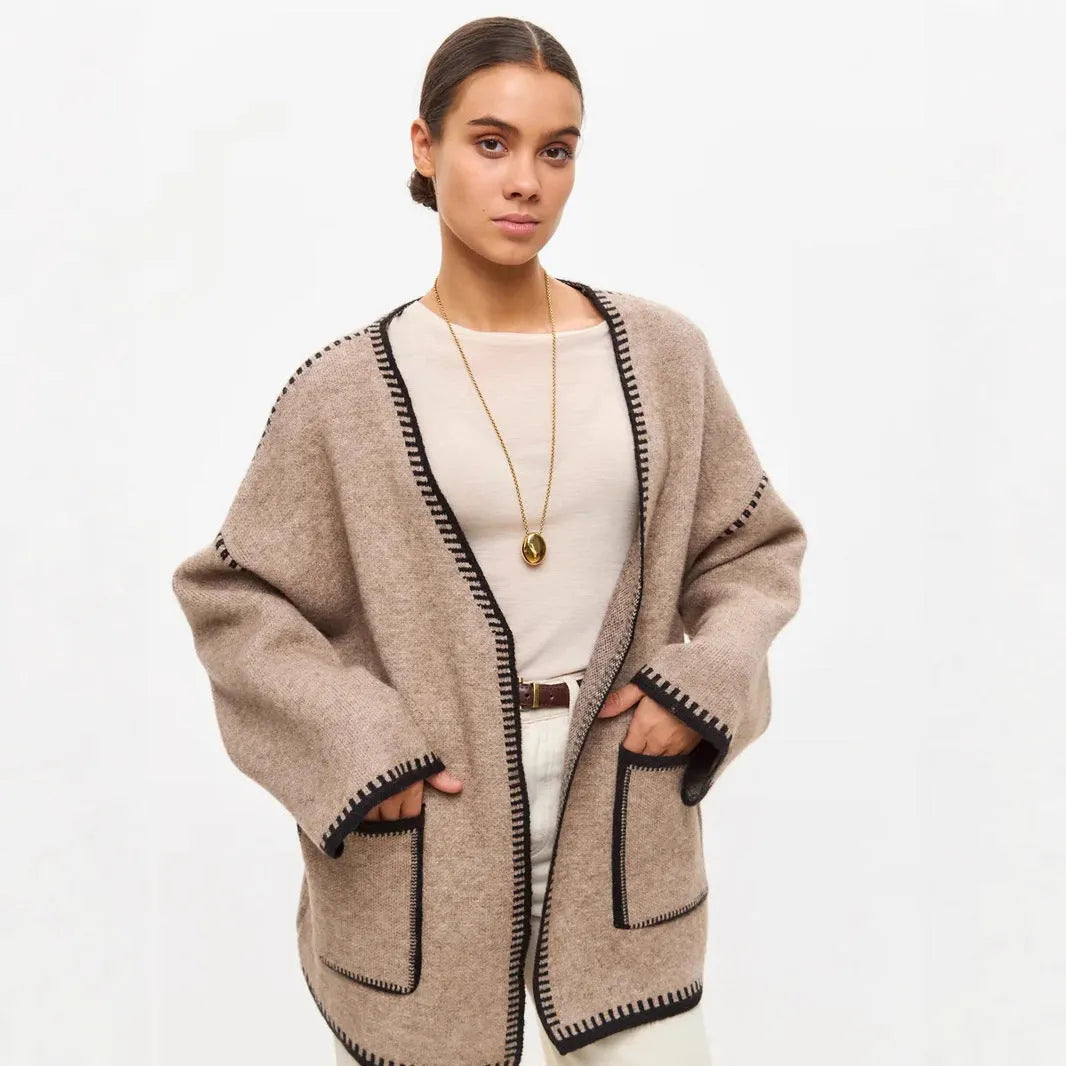 Lace-up front knitted cardigan in imitation cashmere cotton blend fabric in camel colour