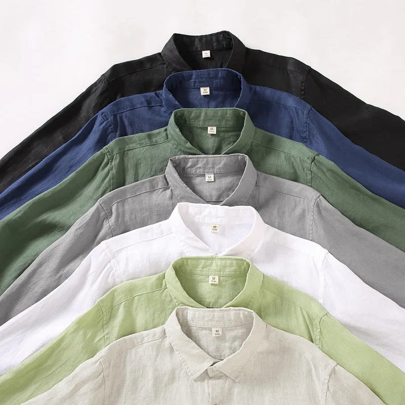 Linen long sleeve cardigan shirt in a loose Chinese style, shown in a solid colour.