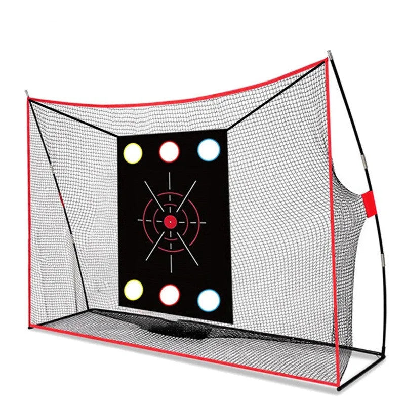 Golf wedge training net with 3-hole design on straw mat with practice balls and accessories