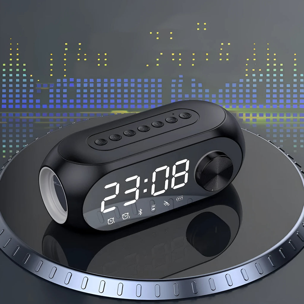 Portable mini speaker with extra bass features and digital clock display in black, blue, or white colour options